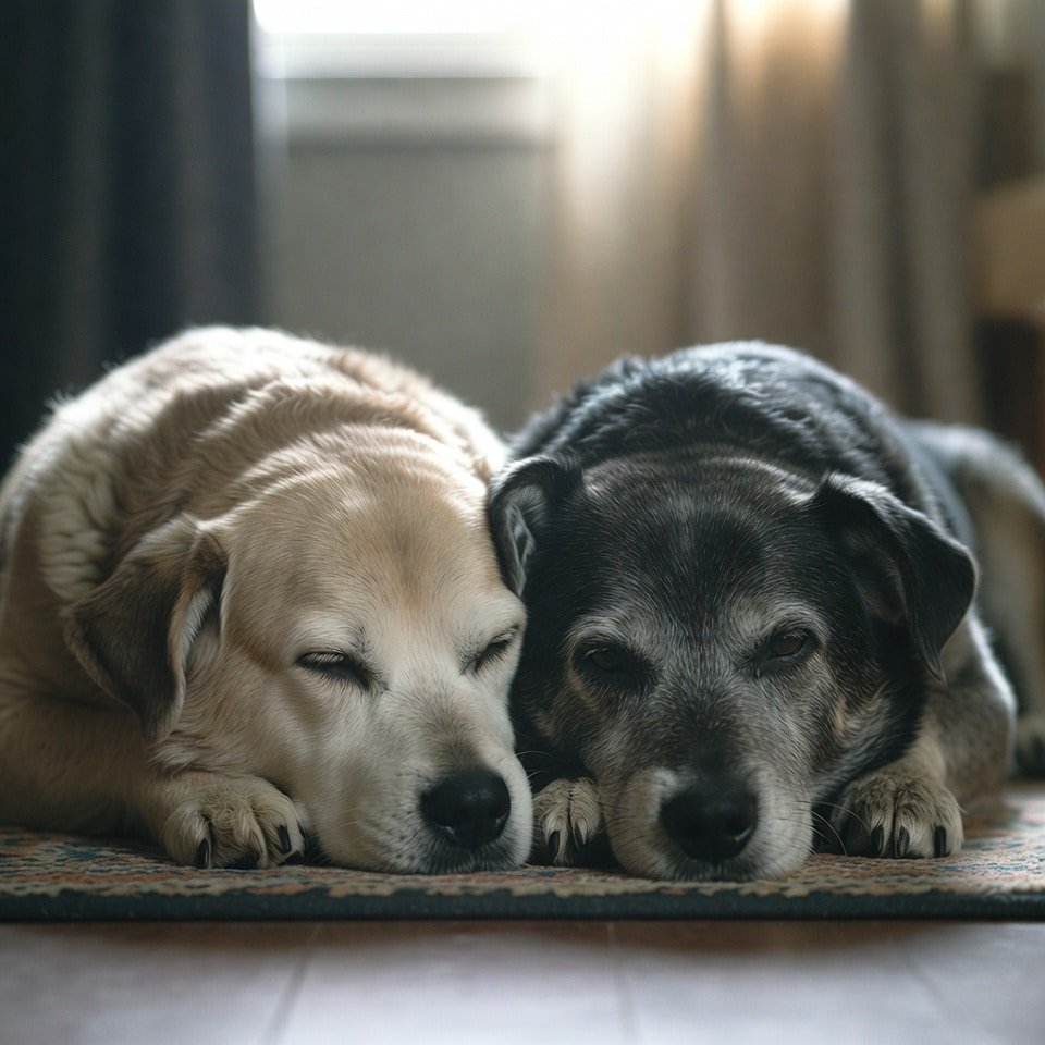 Senior dog resting comfortably at home