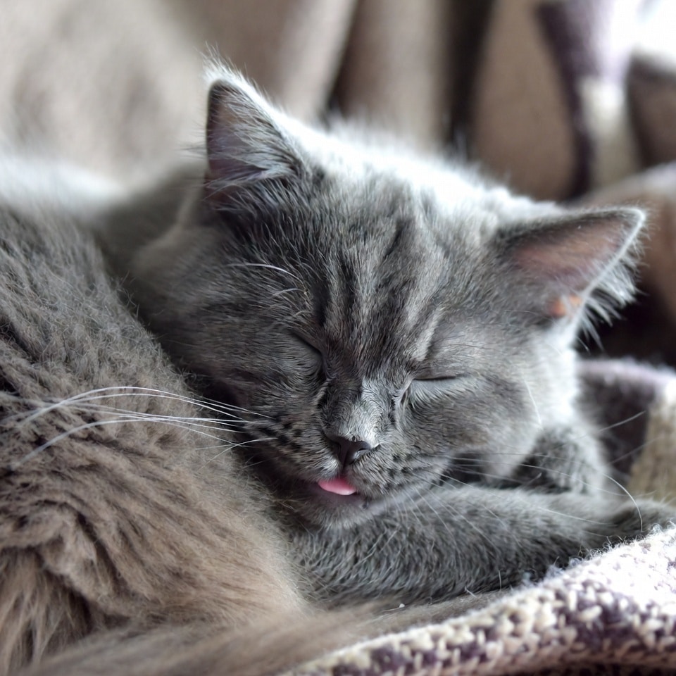 A fluffy gray cat in deep sleep on a blanket, with the very tip of its tongue visible