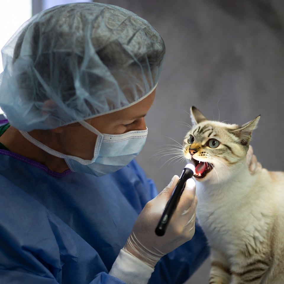 Veterinarian gently examining a cat's mouth