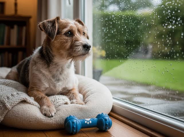 Puppy playing with enrichment toys indoors on rainy day