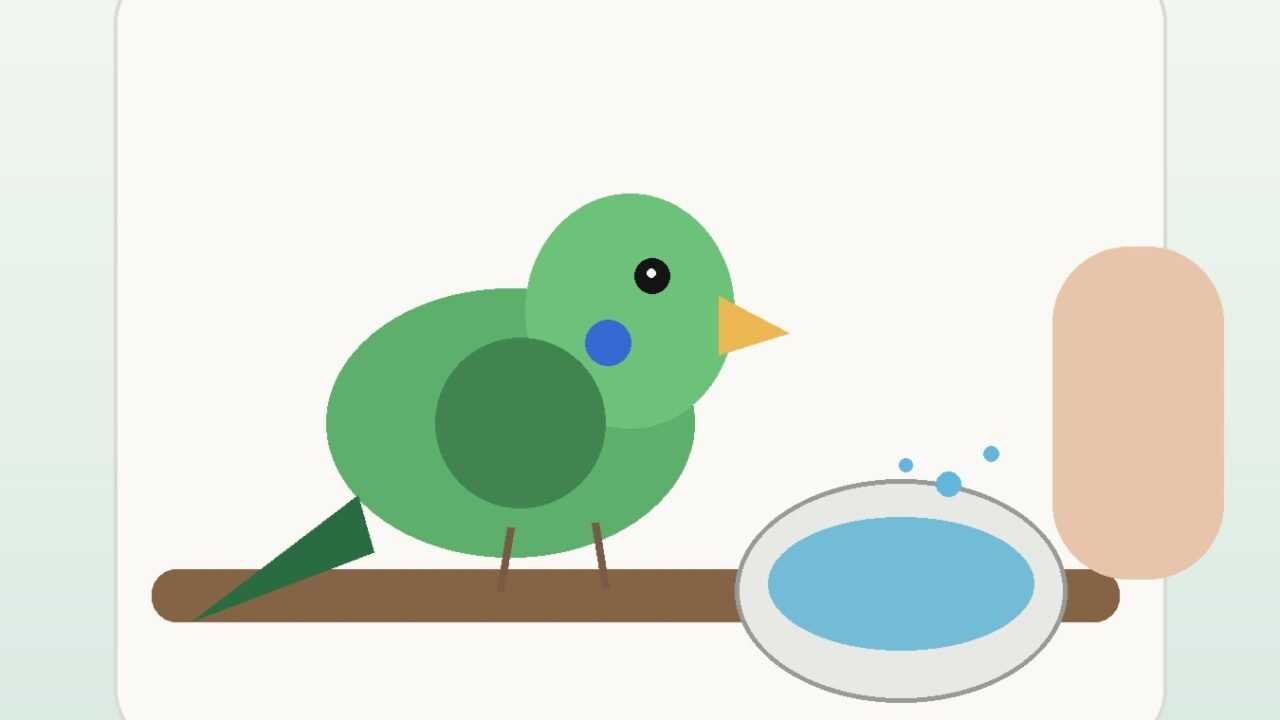 Illustration of a companion bird beside a water dish while increased drinking is monitored