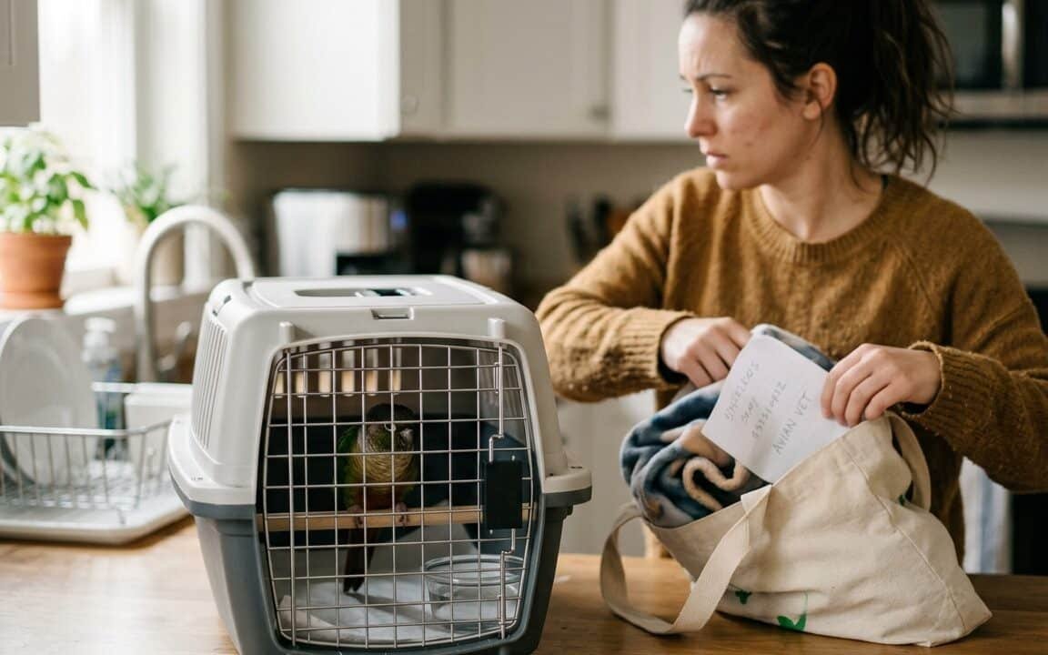Small pet bird perched low in a travel carrier while an owner prepares for an avian vet visit