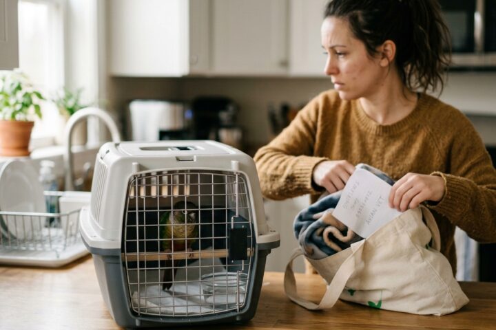 Small pet bird perched low in a travel carrier while an owner prepares for an avian vet visit
