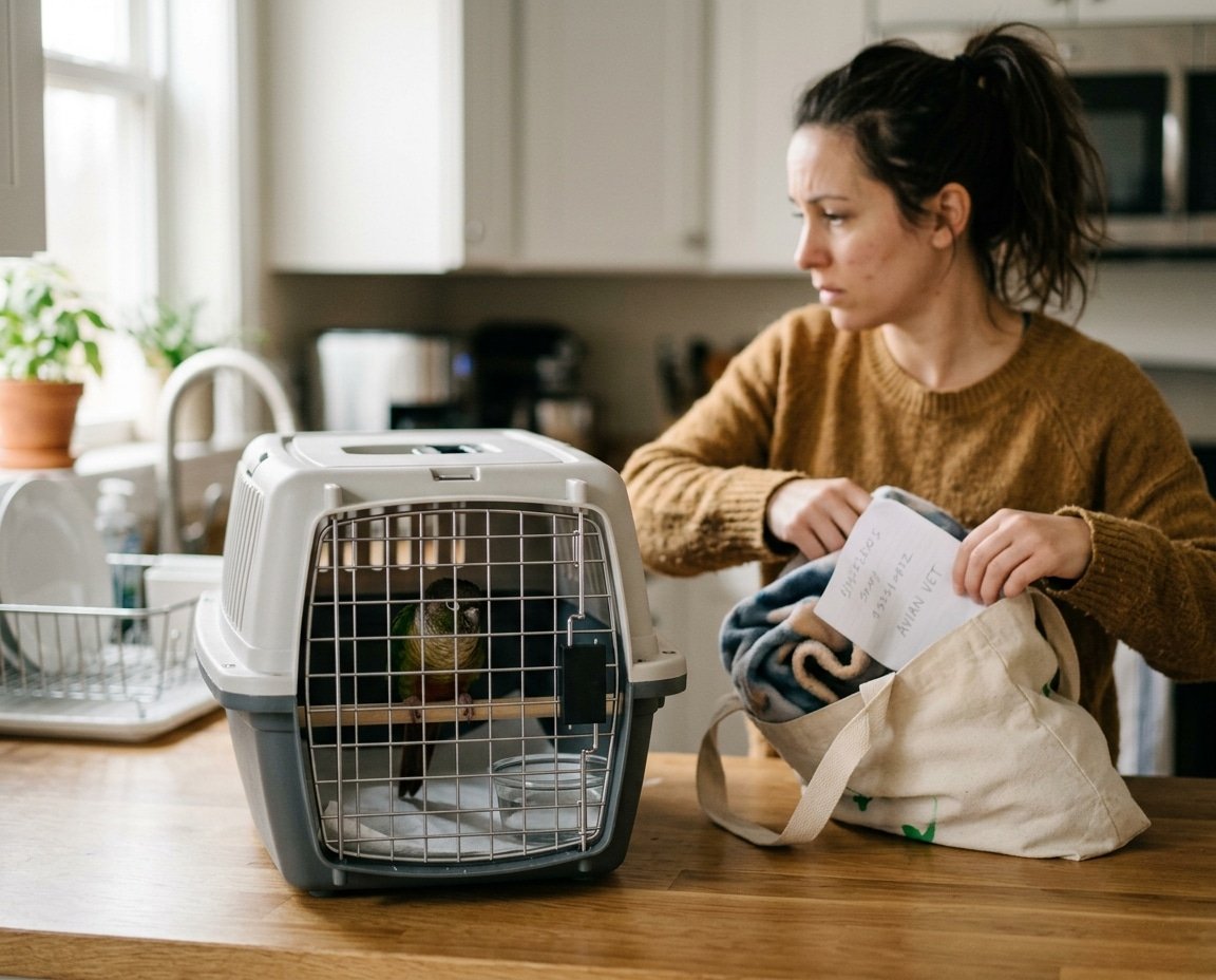 Small pet bird perched low in a travel carrier while an owner prepares for an avian vet visit