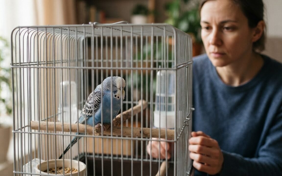 Budgerigar perched quietly with mildly fluffed feathers and partly closed eyes