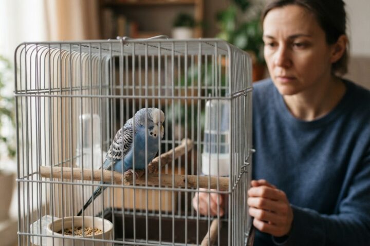 Budgerigar perched quietly with mildly fluffed feathers and partly closed eyes