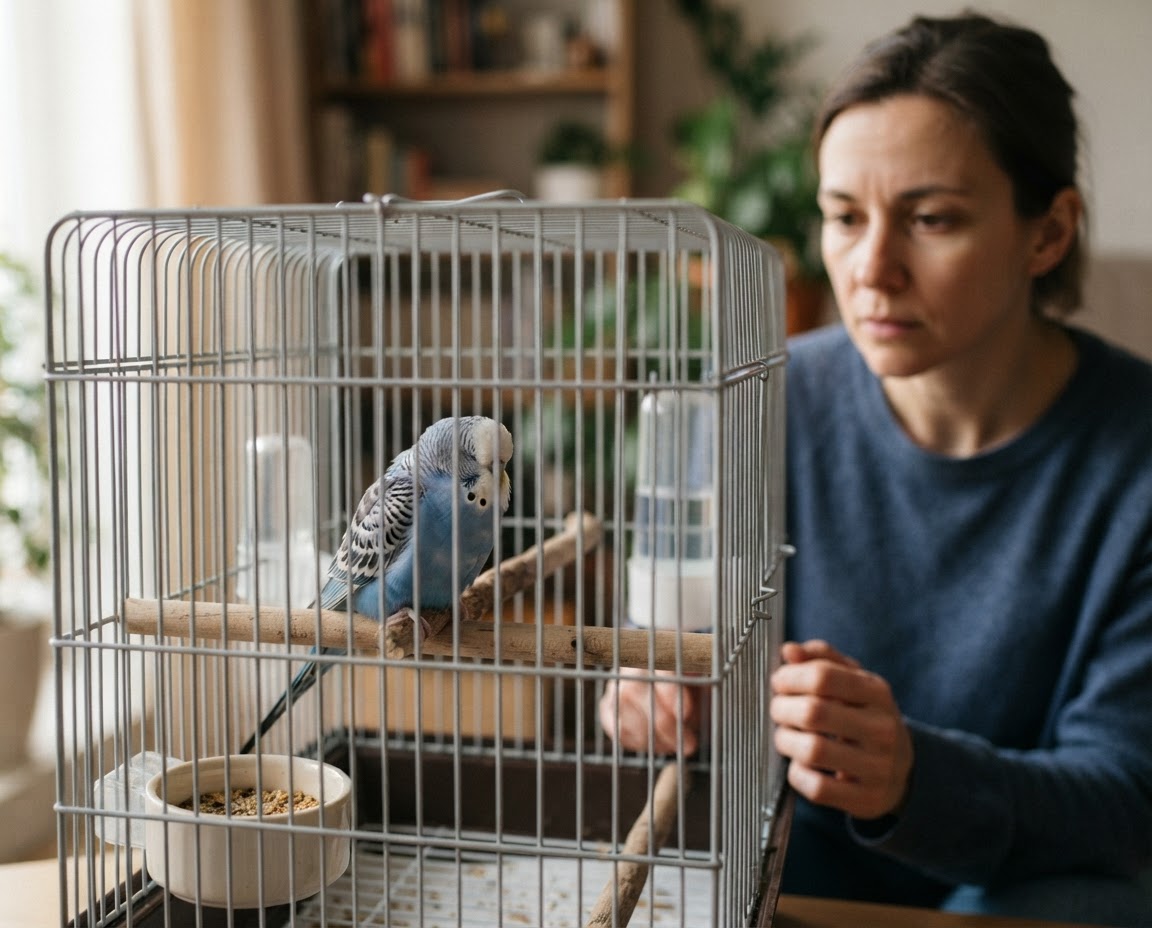 Budgerigar perched quietly with mildly fluffed feathers and partly closed eyes