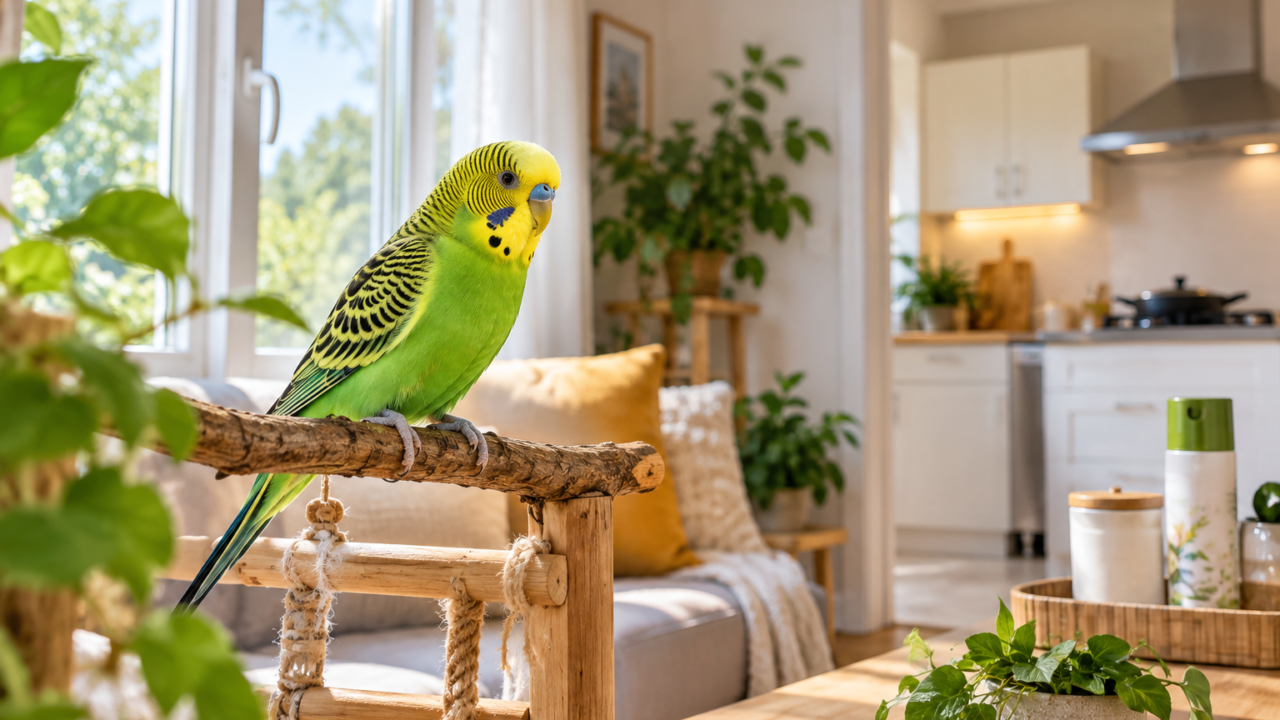 Budgerigar perched in a bright home away from kitchen fumes and aerosol products