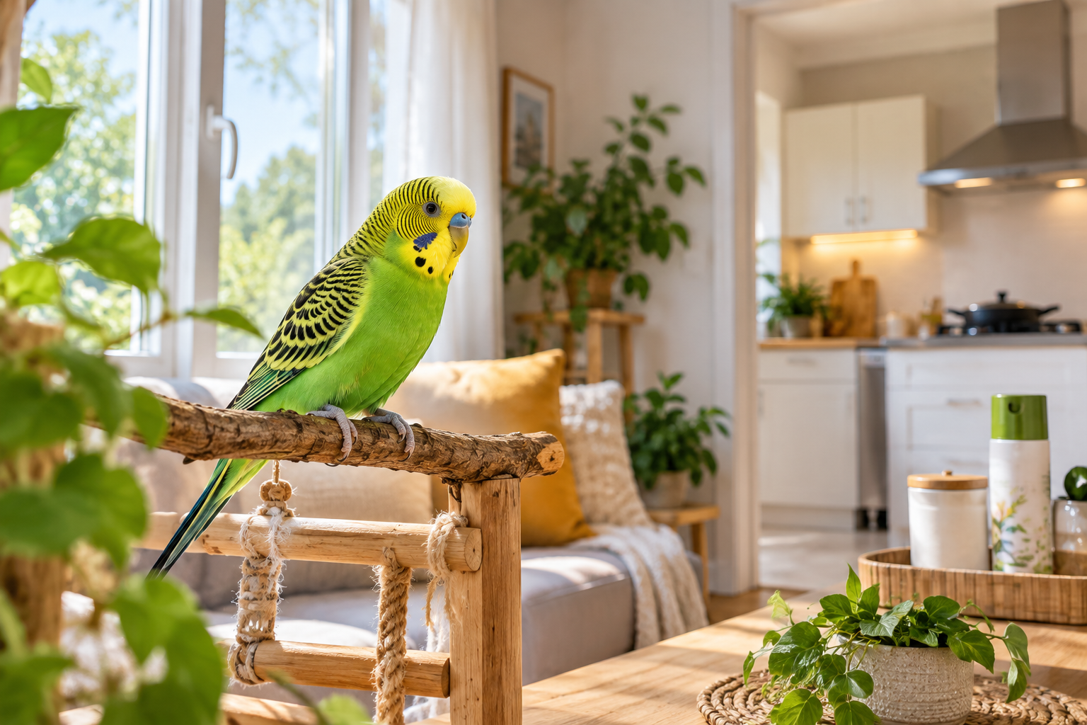 Budgerigar perched in a bright home away from kitchen fumes and aerosol products