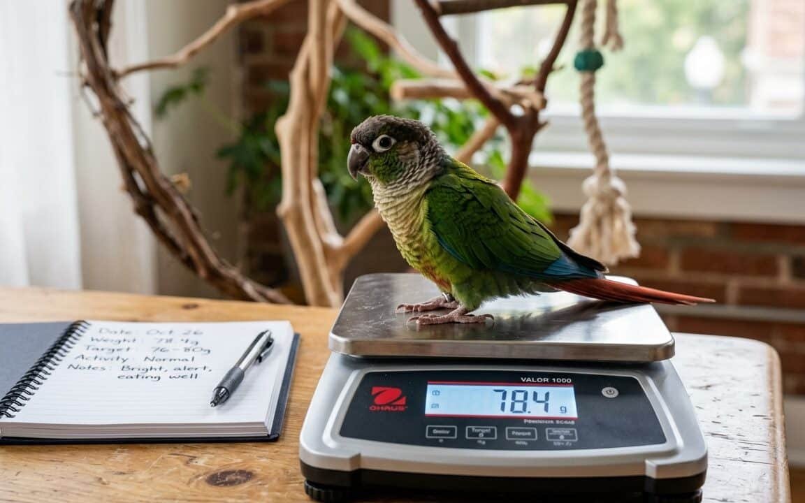 Small pet bird standing on a digital gram scale during routine home weight monitoring