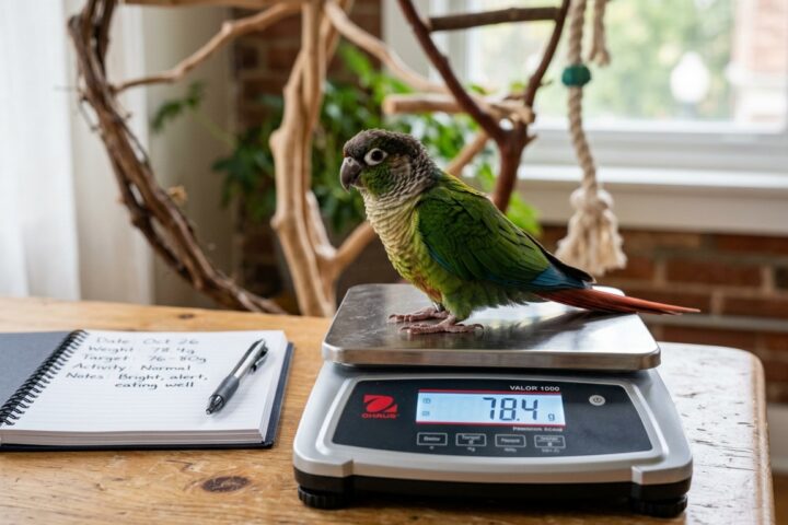 Small pet bird standing on a digital gram scale during routine home weight monitoring