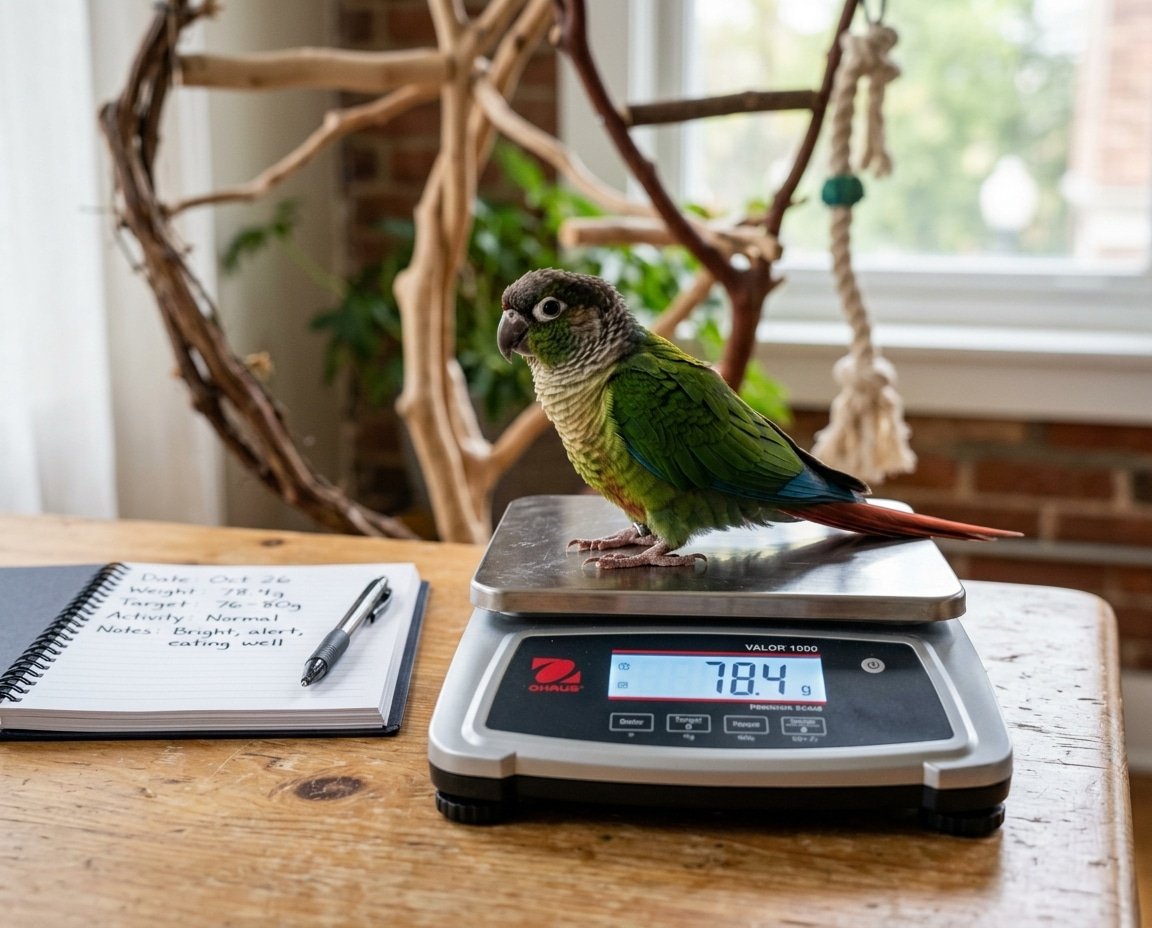 Small pet bird standing on a digital gram scale during routine home weight monitoring