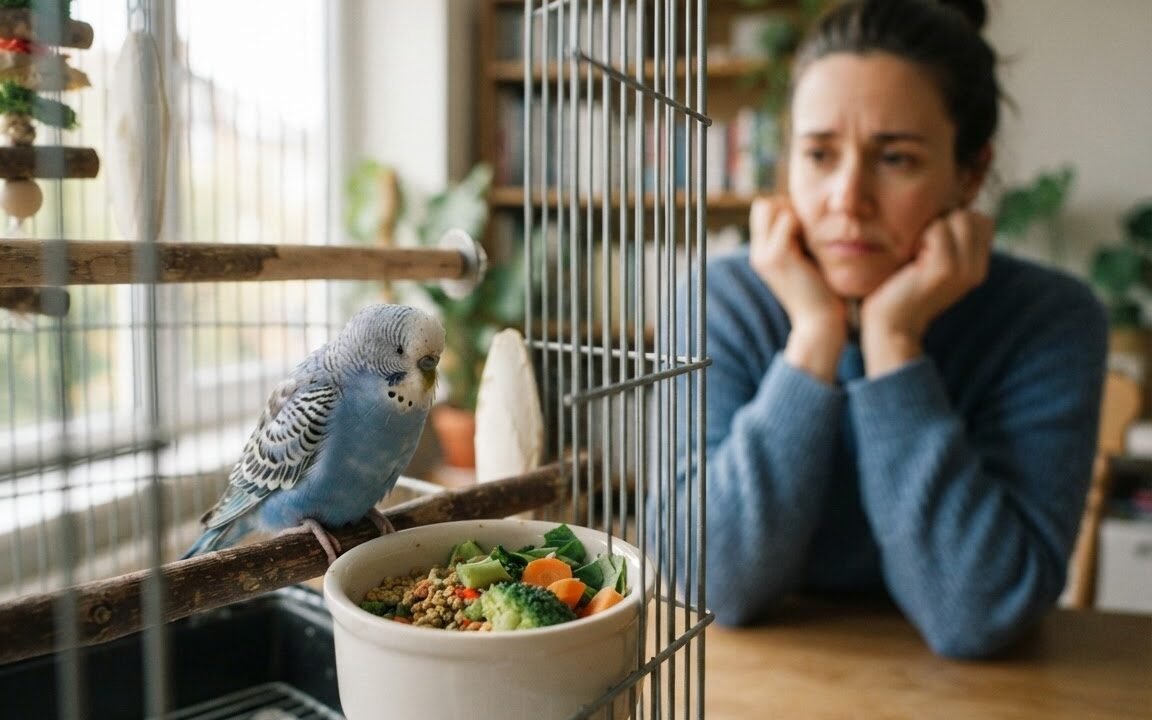 Budgerigar beside an untouched food dish while an owner observes reduced appetite