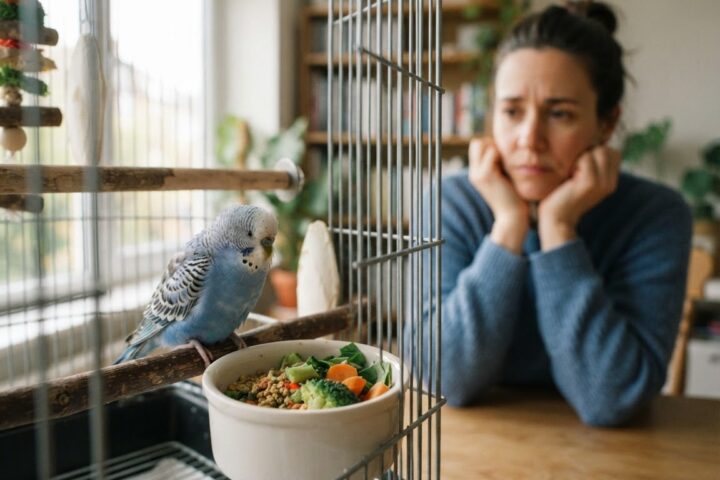 Budgerigar beside an untouched food dish while an owner observes reduced appetite