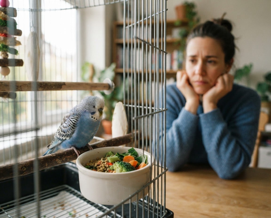 Budgerigar beside an untouched food dish while an owner observes reduced appetite