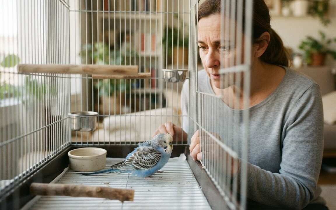 Budgerigar sitting quietly on a clean cage floor near a low perch while an owner observes