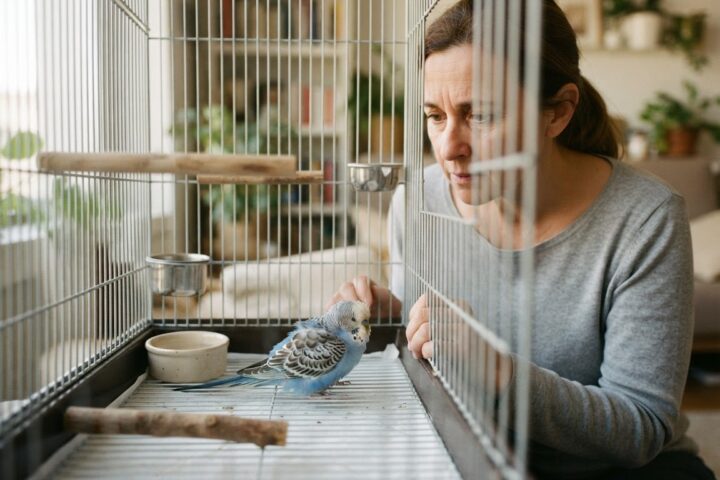 Budgerigar sitting quietly on a clean cage floor near a low perch while an owner observes