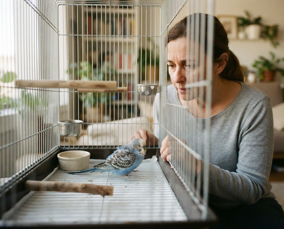Budgerigar sitting quietly on a clean cage floor near a low perch while an owner observes