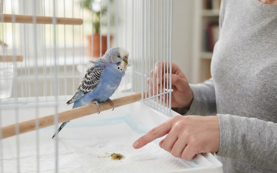 Budgerigar perched near a clean cage liner while an owner observes regurgitated food