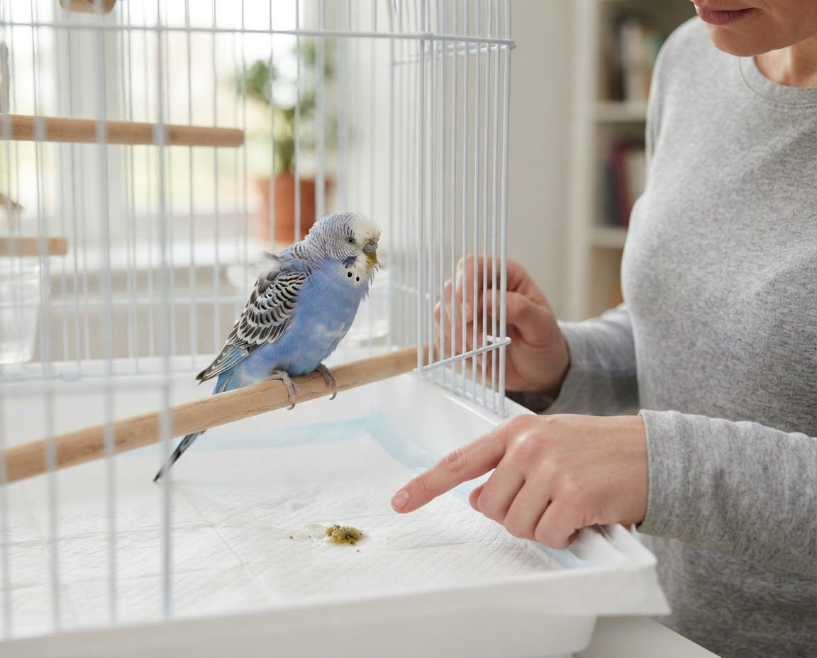 Budgerigar perched near a clean cage liner while an owner observes regurgitated food
