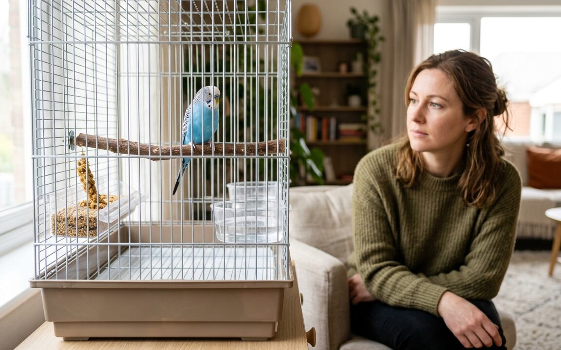 Budgerigar perched quietly while an owner observes for possible signs of illness