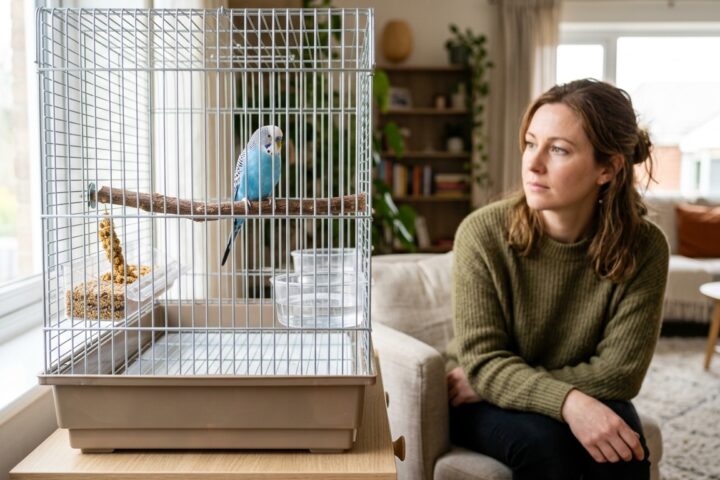 Budgerigar perched quietly while an owner observes for possible signs of illness