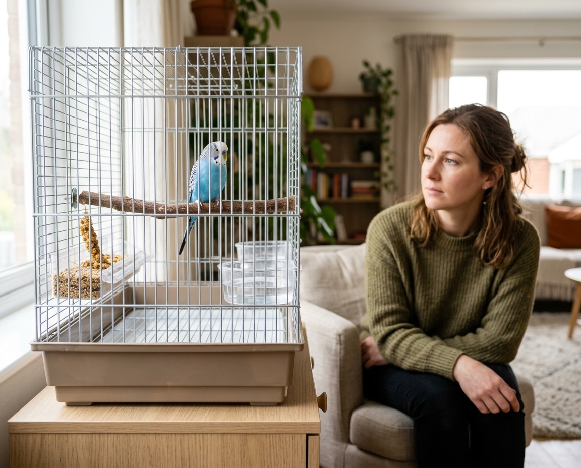 Budgerigar perched quietly while an owner observes for possible signs of illness