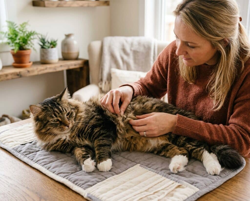 Long-haired cat receiving a gentle coat check under the front leg where mats can form