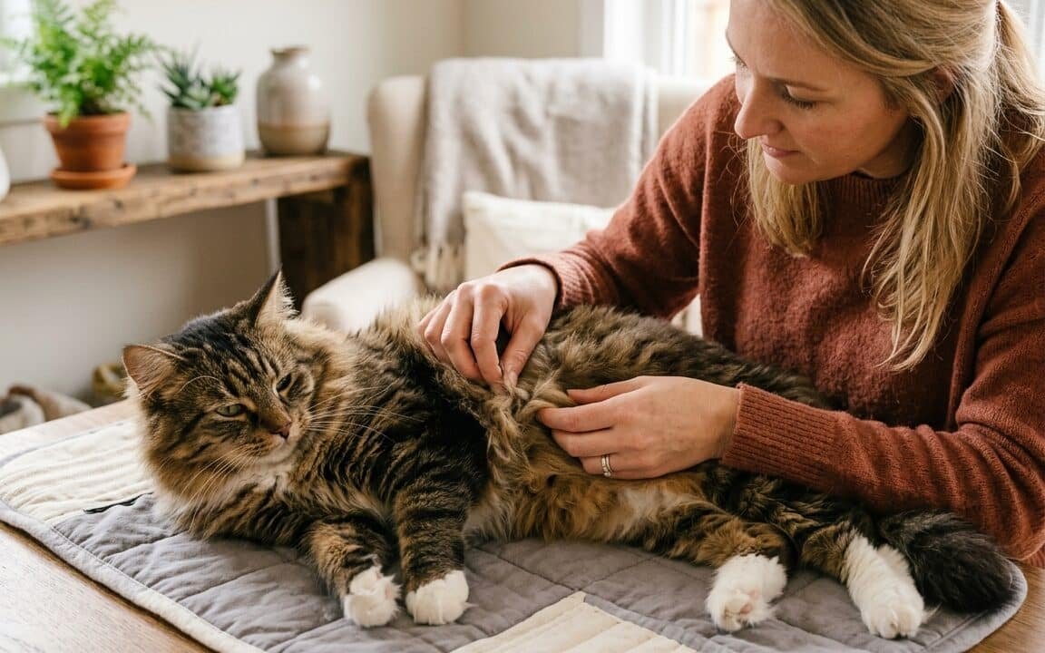 Long-haired cat receiving a gentle coat check under the front leg where mats can form