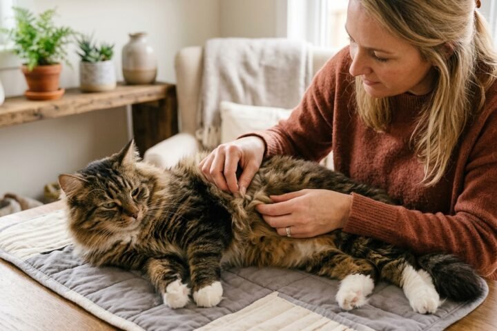Long-haired cat receiving a gentle coat check under the front leg where mats can form