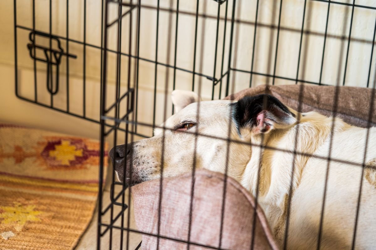 Dog resting calmly inside a clean kennel before boarding
