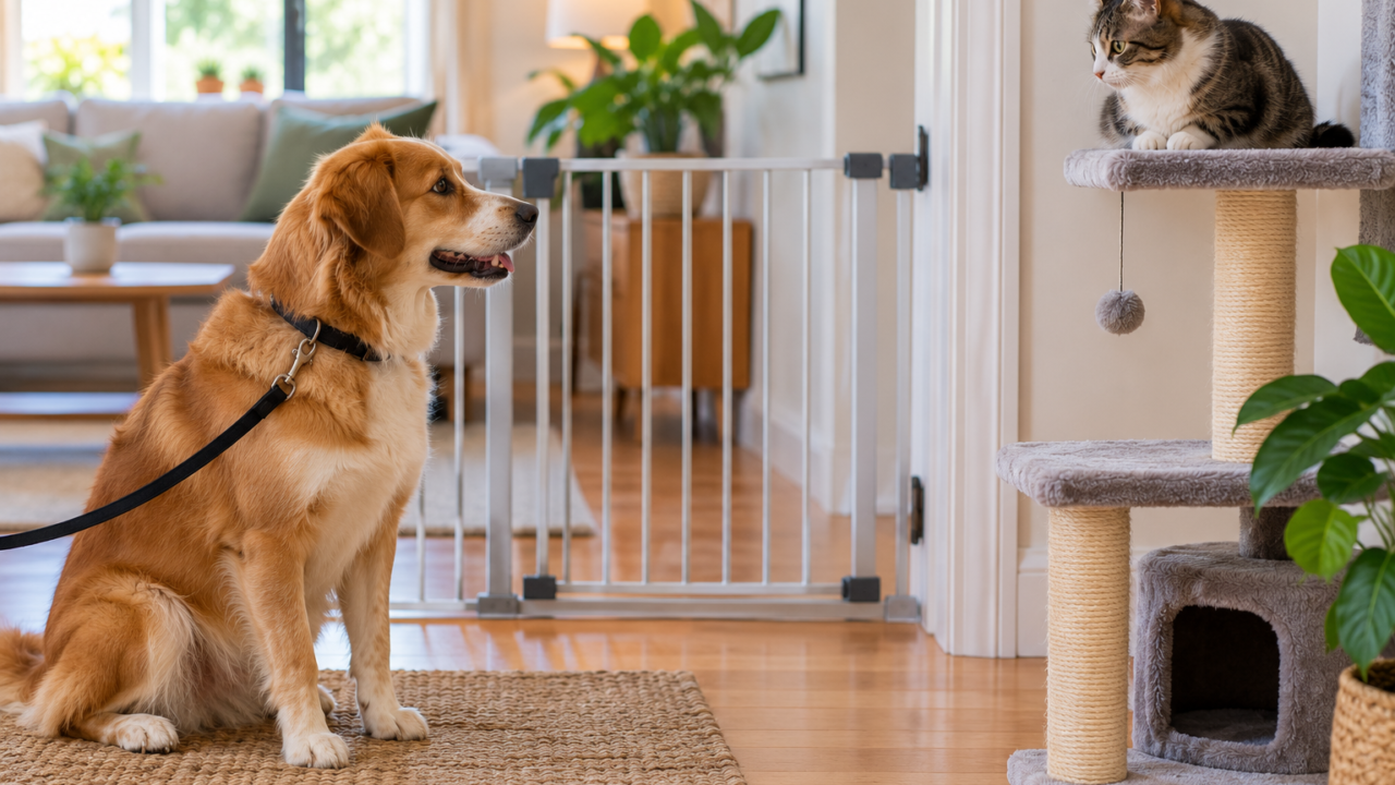 Calm dog on leash watching a cat from behind a secure baby gate during a gradual introduction