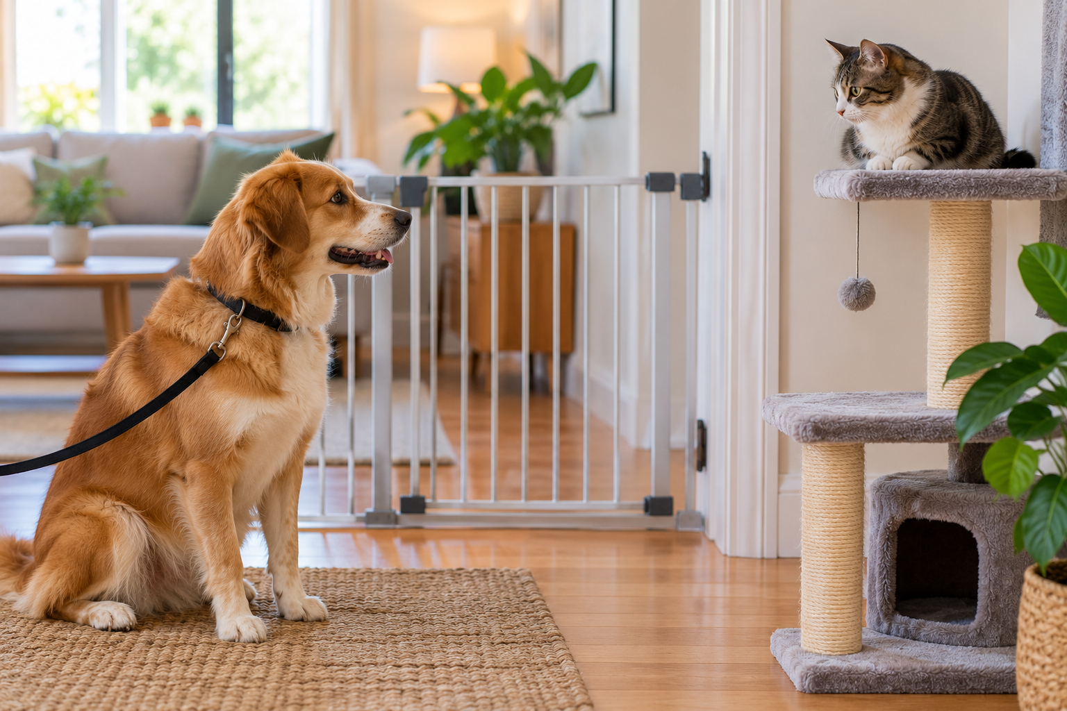 Calm dog on leash watching a cat from behind a secure baby gate during a gradual introduction