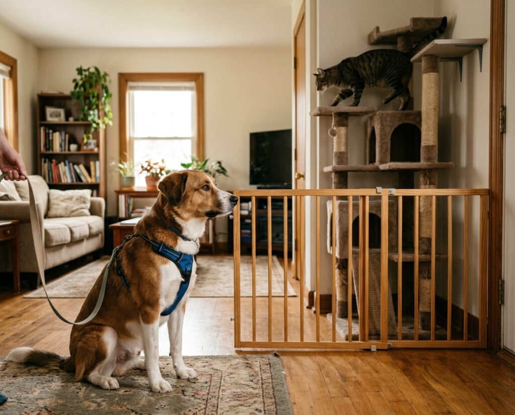 Calm dog on leash watching a cat safely from behind a baby gate during introduction training