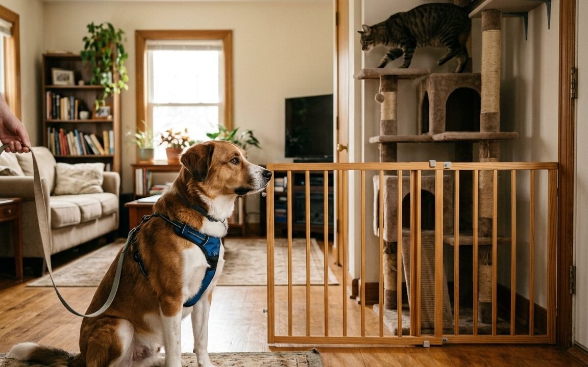 Calm dog on leash watching a cat safely from behind a baby gate during introduction training