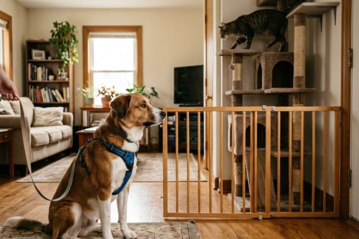 Calm dog on leash watching a cat safely from behind a baby gate during introduction training