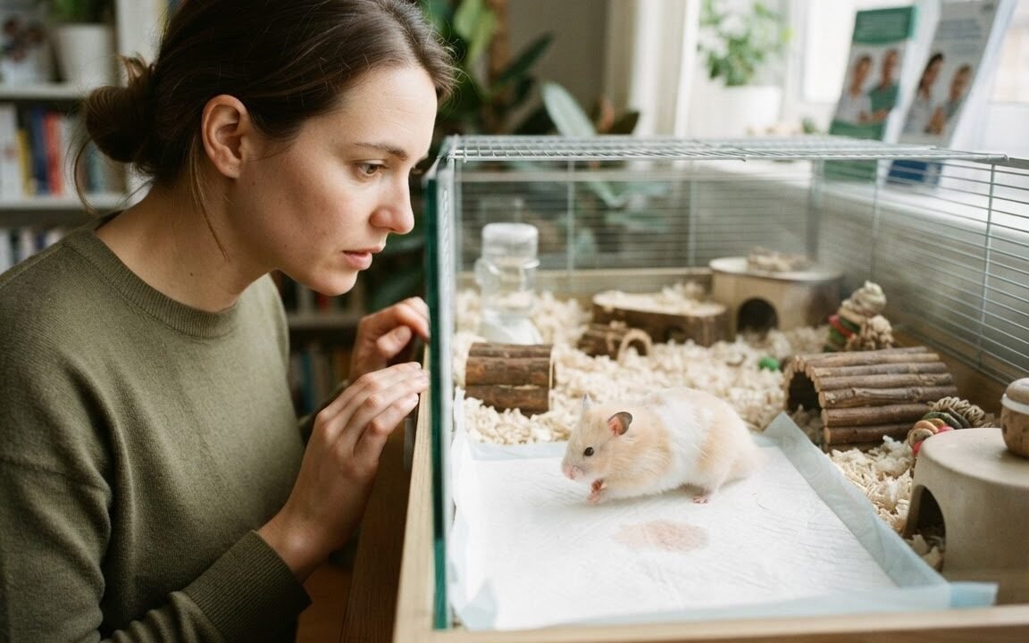 Hamster near a pale liner with a small pinkish urine spot while an owner observes