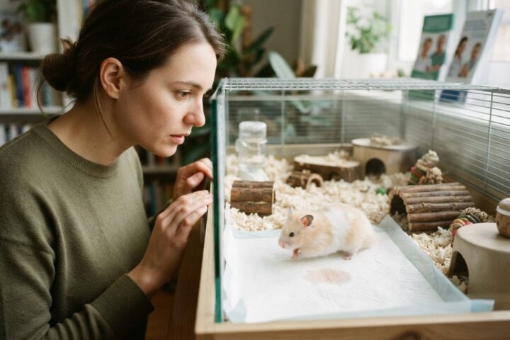 Hamster near a pale liner with a small pinkish urine spot while an owner observes