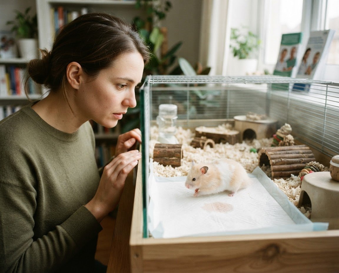 Hamster near a pale liner with a small pinkish urine spot while an owner observes