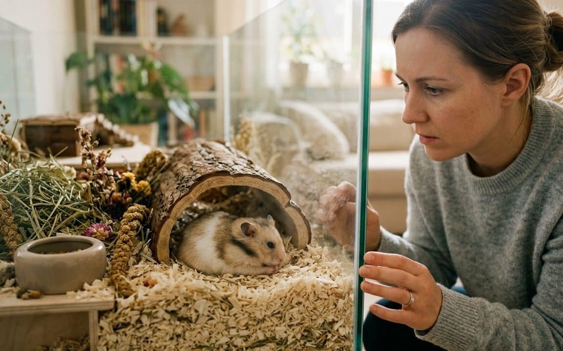 Hamster resting in a clean enclosure while breathing is observed without restraint