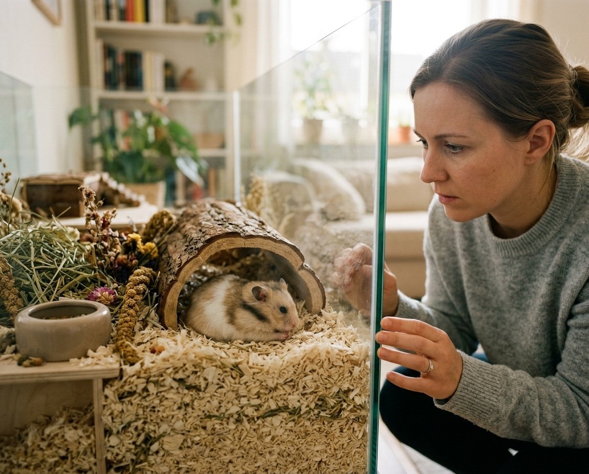 Hamster resting in a clean enclosure while breathing is observed without restraint