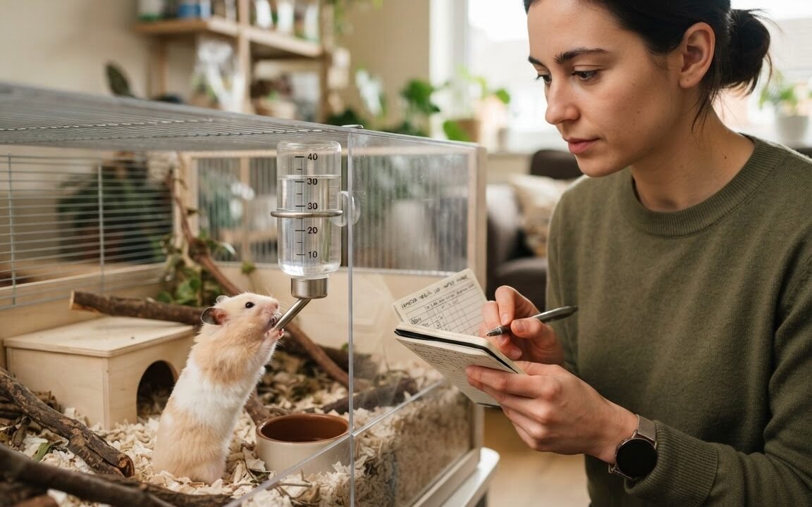 Hamster drinking from a water bottle while an owner checks the water level
