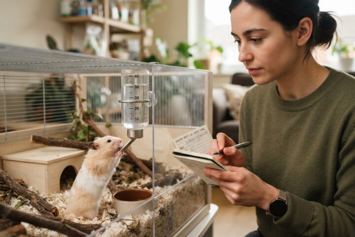 Hamster drinking from a water bottle while an owner checks the water level