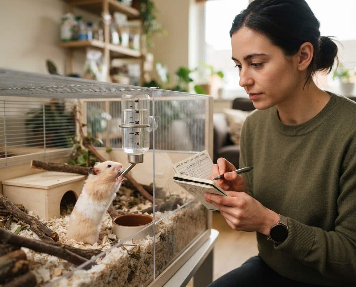 Hamster drinking from a water bottle while an owner checks the water level
