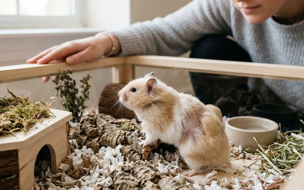 Syrian hamster with a small patch of thinning fur being observed in a clean enclosure