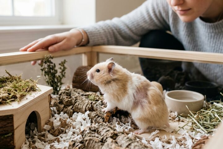Syrian hamster with a small patch of thinning fur being observed in a clean enclosure