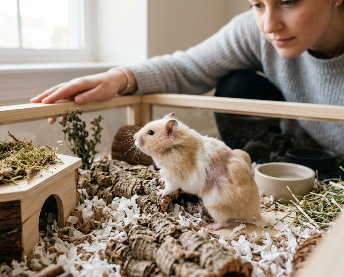 Syrian hamster with a small patch of thinning fur being observed in a clean enclosure