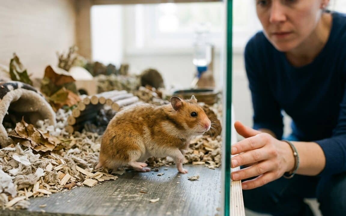 Syrian hamster favoring one hind leg while standing on a solid enclosure surface