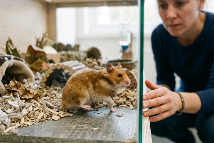 Syrian hamster favoring one hind leg while standing on a solid enclosure surface