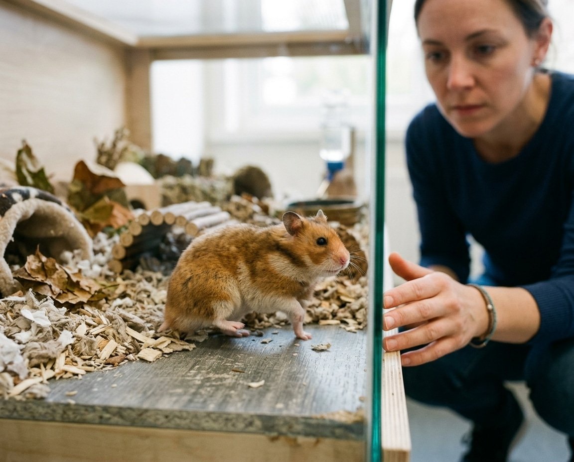 Syrian hamster favoring one hind leg while standing on a solid enclosure surface
